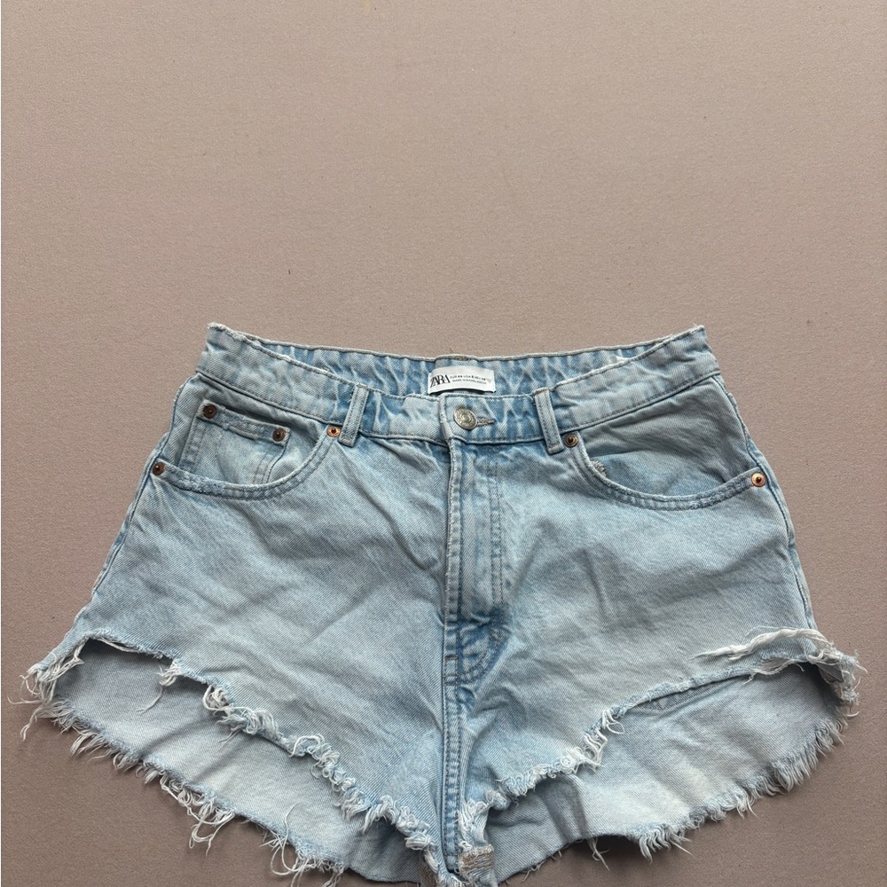 Zara Light Blue Frayed Jean Shorts